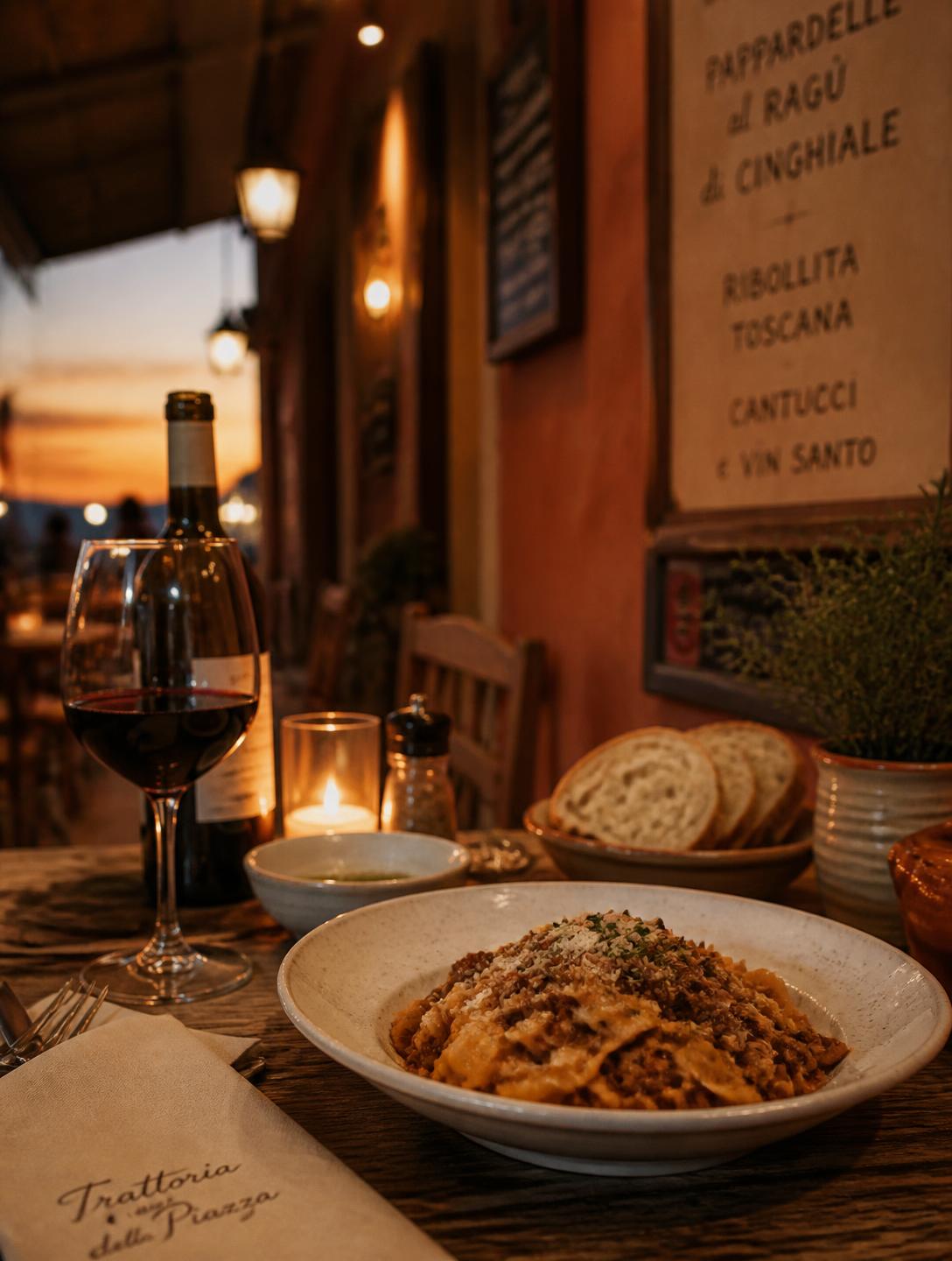 Tavolo di trattoria italiana illuminato da una candela al tramonto