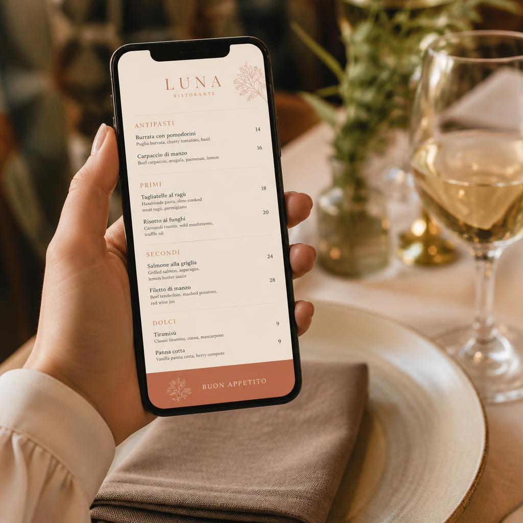Cliente che consulta un menù digitale elegante dallo smartphone